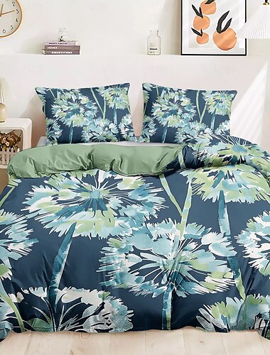  3-teiliges Bettwäscheset mit blauer Tintenillustration und Blumenmotiv für Hotelschlafzimmer, Gästezimmer, bequemes Hotelbettwäscheset, 1 Bettbezug, 2 Kissenbezüge