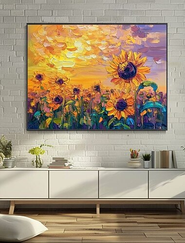  キャンバスに描かれた大きなひまわりの風景油絵パステルカラーの花の絵春のひまわりの風景画大きな壁アートリビングルームの装飾