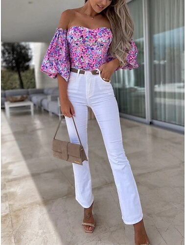 Damen Hemd Bluse Blumen Stilvoll Brautkleider schlicht Langarm Trägerlos Normale Oberteile Täglich Rückenfrei Bedruckt Schwarz Weiß Rote Purpur Sommer Frühling