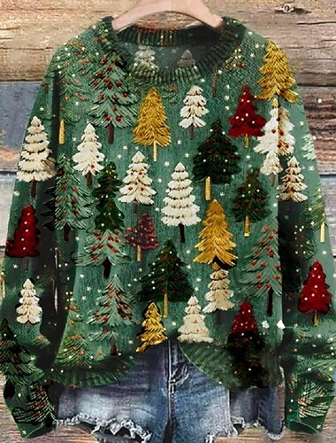  Pull unisexe col ras du cou manches longues motif arbre 3D vacances festif hiver chaleur décontracté confort vert rouge blanc or motif flocon de neige
