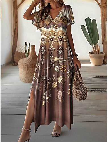  Dames Maxi Jurk Vintage Jurk Casual Jurk Zomer Jurk Vintage Etnisch Tribaal Drop Schouder Vakantie Straat Vakantie Regular Fit Tribaal Korte Mouw V Hals Wit Blauw Paars Khaki
