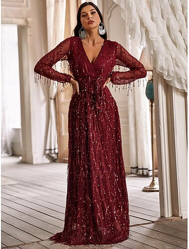  Ballkleider, Strandhochzeit, A-Linie, Partykleid, Abendparty, Cocktailparty, bodenlang, lange Ärmel, tiefer Ausschnitt mit Glitzerquaste 2025