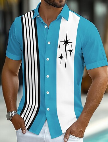  Herren Gestreift Geometrische Muster Bowling-Shirt Knopfhemd Kurzarm Modisch lässig Urlaub Sports Outdoor Strandbekleidung Sommer Frühling Umlegekragen Hemden mit Kragen Blau Orange Grün