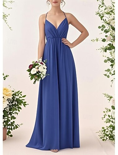  שמלת Bridesmaid A-Line צוואר מתוק  גובה רצועה ללא שרוולים אלגנטית באורך רצפה מבד שיפון עם קפלים  רושינג