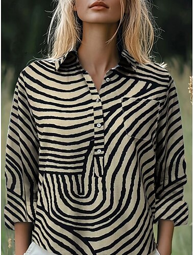  Per donna Camicia Blusa Astratto Elegante Giornaliero Moda Manica lunga Colletto Top regolari Giornaliero Bottoni Blu denim Blu Cachi Estate Primavera Autunno