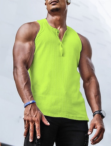  Homens Malha Íntima Camisa Henley Top de colete Camiseta Interior Sem Manga Henley Verão Tecido Moda Designer Músculo Botões Ao ar livre Ensaio / Prática Ginásio Preto Branco Azul Top Tee para Homens