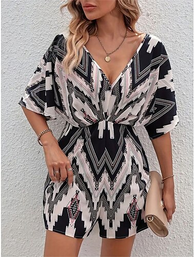  Mujer Normal Mono Activo Geométrico Manga Corta Escote en Pico Alta cintura Estampado Vacaciones Diario Ajuste regular Negro Verano