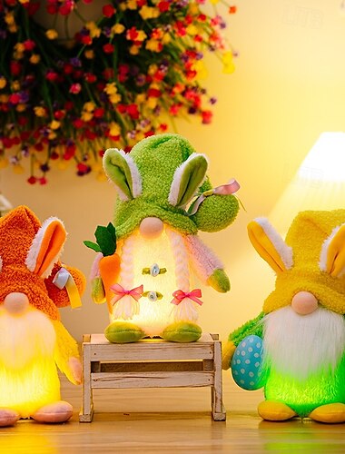  Muñeco enano de conejo con sombrero y luz LED de Pascua: decoración festiva para fiestas en interiores y restaurantes con pilas AAA para decoraciones de patio y jardín en el hogar