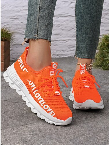  orange letvægts atletiske sneakers til kvinder - stilfulde åndbare løbesko med "love" detalje