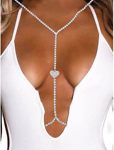  Women's Rhinestone Body Chain Necklace – Heart Pendant, Sparkling Y-Shape Jewelry for Parties, Clubwear or Special Events