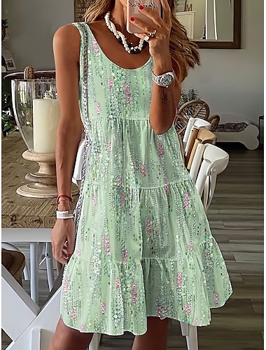  Dames Mini Jurk Petite Jurk Zomerkleed Shift Jurk Tank Jurk Actieve Tropische Mode Buiten Vakantie Feest Regulair Fit Bloemen Bohemian Mouwloos U-Hals Roze Blauw Groen Zomer Lente