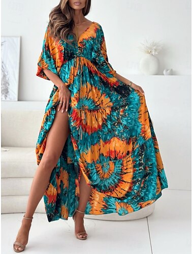  Per donna Vestito maxi Abito casual Vestito svasato Abiti Boho Chic Boemia Informale Boho Da mare Giornaliero Morbido Floreale Colorato a macchie Manica a 3/4 A V Viola chiaro Verde Estate Primavera