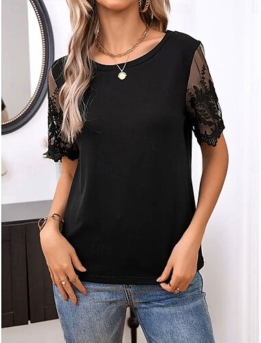  Per donna Top con cuciture in pizzo Di tendenza Informale Manica corta Girocollo Top regolari Giornaliero Pizzo Nero Bianco Estate
