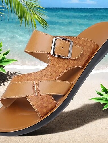  sandales à boucle en similicuir marron clair pour hommes – diapositives d'été élégantes avec un design texturé et une semelle antidérapante pour une tenue décontractée en extérieur