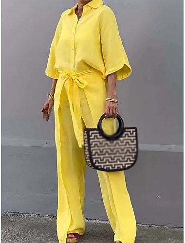  Dames Overhemd Katoenen linnen sets Tweedelige sets Broek met wijde pijpen 3/4 mouw Overhemdkraag Effen Dagelijks Basic Casual Dagelijks blauw Wit Geel Lente & Herfst Normale pasvorm
