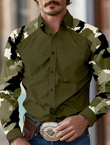  Herren Tarnfarben Westernhemd Langarm Western Sports Outdoor Frühling Herbst Umlegekragen Knopf hoch Armeegrün Blau Braun Grau