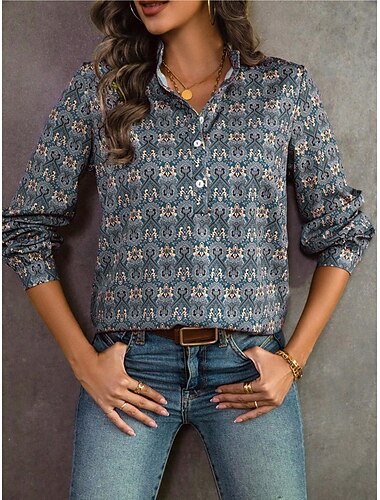  Dame Linned-inspirerede skjorter Dressy Toppe Stilfuld Retro / vintage Langærmet Biskop Udskæret hals Almindelige toppe Daglig Blå Sommer Forår Efterår