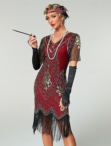  Rugido 20s 1920s Vestido Cóctel Vestido Flapper Vestidos Vestido de fiesta de graduación El gran Gatsby charlestón Lentejuelas Borlas Mujer Víspera de Todos los Santos Carnaval Mascarada Carnaval