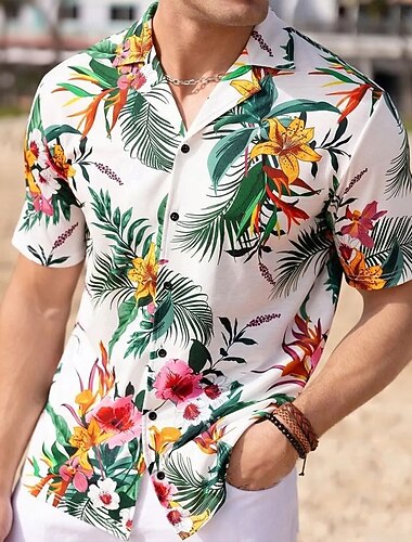  男性用 花/花 熱帯植物 アロハシャツ キャンプシャツ 半袖 ハワイアン リゾート バケーション 祝日 ビーチウェア 夏 春 キューバンカラー 3Dプリント ホワイト