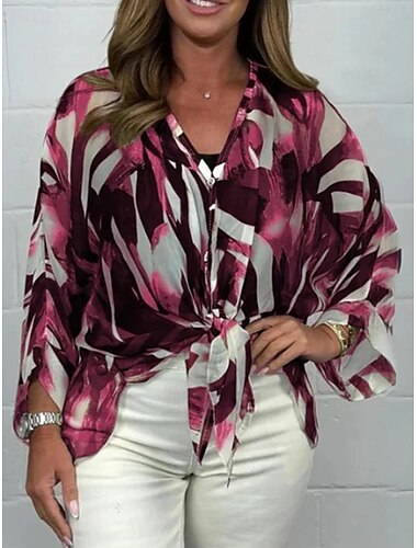  Mujer Camisa Blusa Floral Elegante Casual Manga Larga Escote en Pico Tops regulares Diario Botones Estampado Negro Rojo Azul Piscina Caqui Primavera Otoño