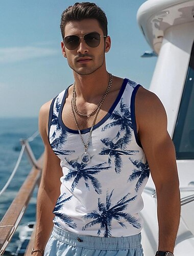  Herren Kokusnuss-Palme T Shirt Shirt Ärmellos T-Shirt 3D-Druck Rundhalsausschnitt Hemd Urlaub Casual Hawaiianisch Festtage Schwarz Gelb Blau Sommer Frühling Bekleidung S M L XL XXL XXXL