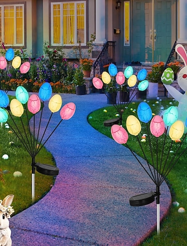  Luces solares enchufables para exteriores con forma de huevo de Pascua de resurrección, de 8 cabezales, para decoración de festivales de patio y jardín, 2 unidades