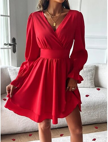  Mujer Mini vestido Vestido informal Vestido de una línea Elegante Casual Vacaciones Diario Ajuste regular Plano Manga Larga Escote en Pico Negro Rojo Verano Primavera