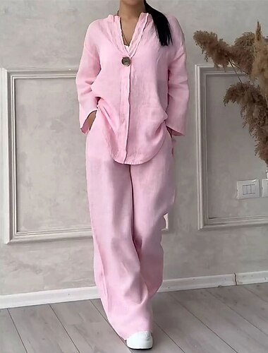  Femmes Mode Streetwear Chemise Ensembles en coton et lin Ensembles deux pièces Pantalons en Lin Pantalons Set manche longue Col en V Couleur Unie Cordon de serrage Tenue quotidienne Date Noir Blanche