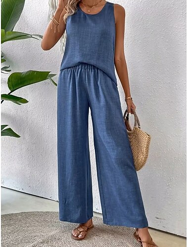  Dames Overhemd Linnen-geïnspireerde sets Tweedelige sets Broek met wijde pijpen Mouwloos Strakke ronde hals Effen Modieus Streetwear Dagelijks Casual Dagelijks blauw Wit Zomer Normale pasvorm