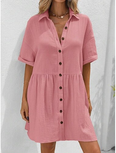  Damen Minikleid Leinen-inspirierte Kleider Hemdblusenkleid Baumwoll-Leinenkleid Basic Lässig Urlaub Täglich Normale Passform Einfach Kurzarm Hemdkragen Schwarz Rosa Aprikose Sommer