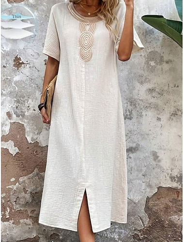  Damen Midikleid Leinen-inspirierte Kleider Weißes Kleid Freizeitkleid Baumwoll-Leinenkleid Stilvoll Lässig Urlaub Täglich Normale Passform Einfach Kurzarm Rundhalsausschnitt Weiß Sommer Frühling