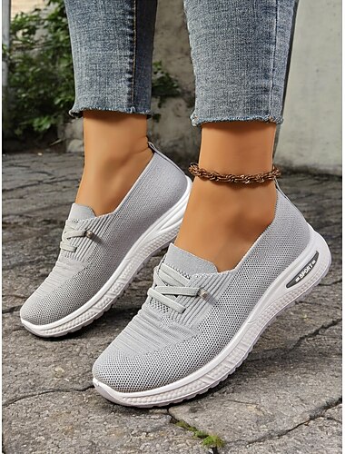  kvinders grå slip-on striksneakers med luftdæmpet sål – lette og åndbare sko til gåture, rejser og fritidstøj