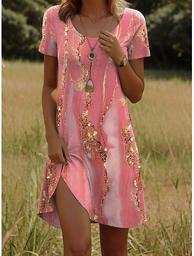  Dames Mini-jurk Casual jurk Mini-jurk T shirt jurk Zonnejurk Casual Vakantie Casual Dagelijks Normale pasvorm Ombre Abstract Marmeren afdrukken Korte mouw Strakke ronde hals Geel Blozend Roze