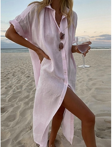  Damen Maxikleid Kunstbaumwollleinen Hemdblusenkleid Freizeitkleid Basic Lässig Täglich Urlaub Normale Passform Einfach Langarm Hemdkragen Weiß Hellgrün Rosa Sommer