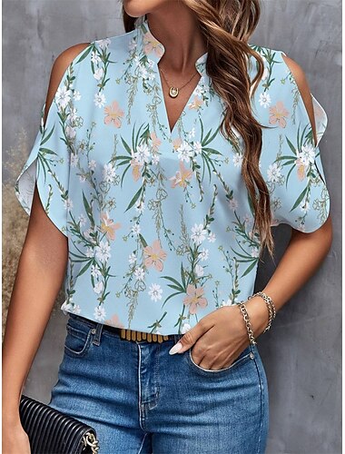  Damen Hemd Bluse Graphic Elegant Täglich Stilvoll Halbe Ärmel V Ausschnitt Normale Oberteile Täglich Bedruckt Weiß Blau Grün Khaki Sommer Frühling Herbst