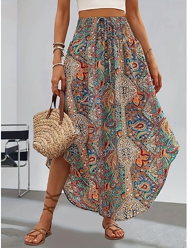  Dames Rok A-lijn Modieus Casual Maxi Hoge taille Rokken Geometrisch Afdrukken Micro-elastisch Straat Dagelijks Zwart Groen Zomer Polyester