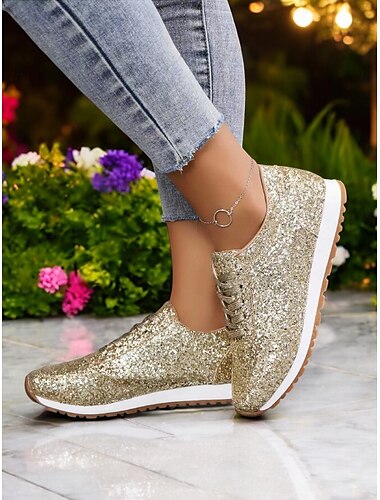  adidași de damă cu sclipici aurii și talpă confortabilă, design ușor și stil la modă pentru petreceri, ținute casual și ocazii festive