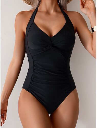  Maillot de bain femme une pièce amincissant froncé monokini contrôle du ventre haute taille dos nu vacances plage couleur unie en col halter sans manches