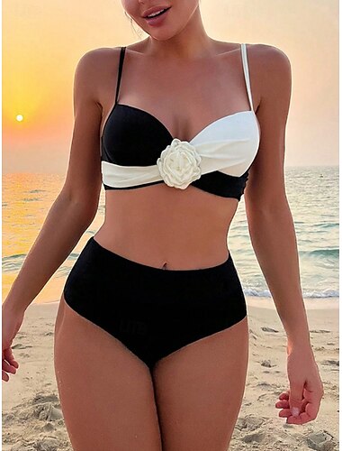  Damen Badeanzug Bikinis 2 Stück Cheeky-Bikinihose Bademode Rückenfrei Schlank Urlaub Strandbekleidung Feste Farbe Halfterhals Ärmellos Badeanzüge