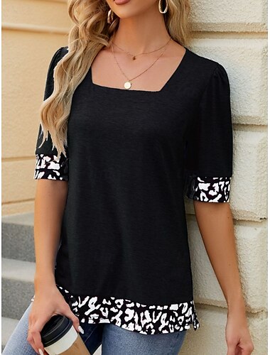  Dames T-shirt Luipaard Modieus Modern Casual Korte mouw Vierkante hals Normale tops Dagelijks Weekend Lapwerk Afdrukken Zwart Hemelsblauw Zomer Lente