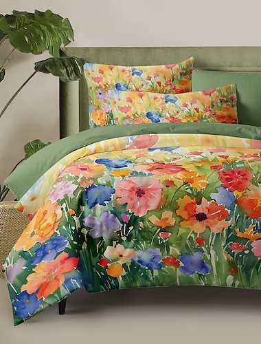  Juego de edredón de 3 piezas con flores de tinta colorida, 100% algodón, para dormitorio de hotel, habitación de huéspedes, ropa de cama de hotel, juego cómodo, 1 funda nórdica y 2 fundas de almohada