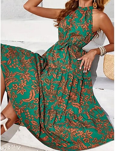  Mujer Vestido maxi Vestido informal Vestido de Columpio Vestido de una línea Vestido bohemio Bohemia Vintage Casual Vacaciones Diario Ajuste regular Floral Sin Mangas Cuello halter Verde Trébol Verano