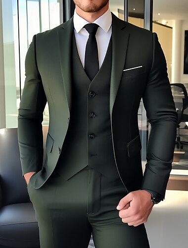  Trajes de negocios para hombres Trajes de regreso a casa verde oscuro moda formal de color sólido ajuste estándar de 3 piezas de dos botones