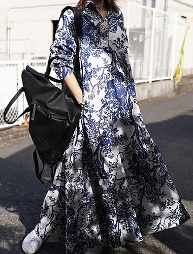  robe longue femme robe maxi robe chemise robe décontractée élégant ethnique décontracté vacances quotidien rendez-vous coupe classique floral manches longues revers bleu marine bleu clair été printemps