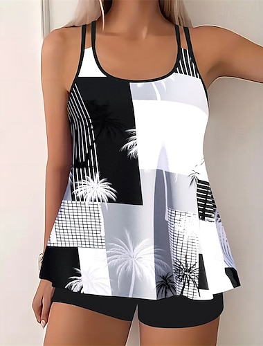  Mujer Tankini Traje de baño de dos piezas Bañadores Bañadores Negro Blanco Transpirable Secado rápido Ligero Sin Mangas - Natación Surf Playa Verano Primavera Talla Grande