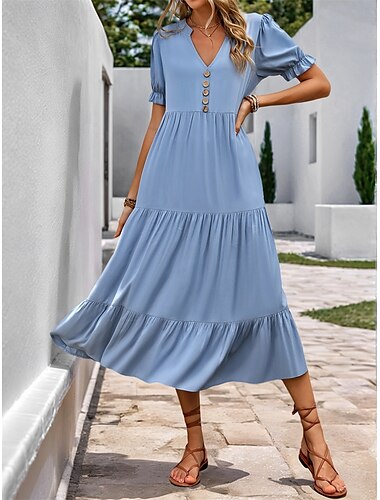  Damen Midikleid Casual kleid A Linie Kleid Elegant Stilvoll Brautkleider schlicht Urlaub Party Täglich Lockere Passform Glatt Kurzarm Stehkragen Blau Sommer Frühling Herbst