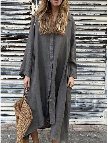  Femmes Robe maxi Robes en coton et lin Robe Chemise Robe Décontractée Robe longue en coton Basique Occasionnel Vacances Quotidien Coupe régulière Uni manche longue Col de chemise Vert foncé Abricot