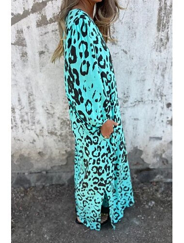  Damskie Sukienka maxi Codzienne sukienki Sukienki w stylu boho Bohema Codzienny Boho Urlop Codzienny Plaża Luźna Panterka Rękaw 3/4 W serek Niebieski Zielony Lato Wiosna
