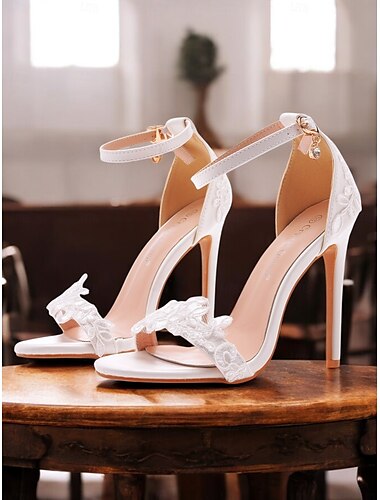  Zapatos de boda de tacón de aguja con encaje blanco para mujer, correa en el tobillo y punta abierta: elegantes zapatos de novia para bodas y ocasiones formales