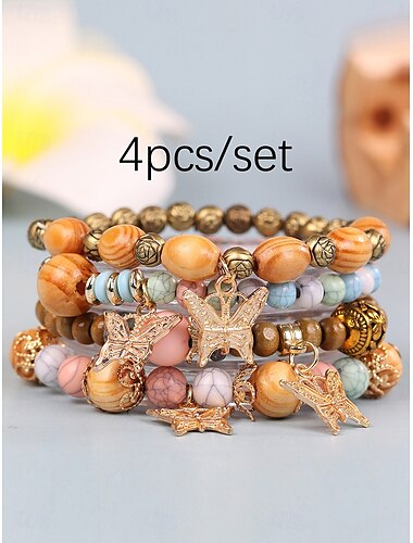  Vintage-Stil Kugel Modisch Personalisiert Holz Armband Schmuck Lichtmischung / Gelb / Armeegrün Für Festtage